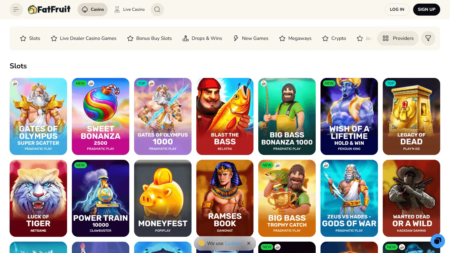 Fatfruit Casino game selection on desktop