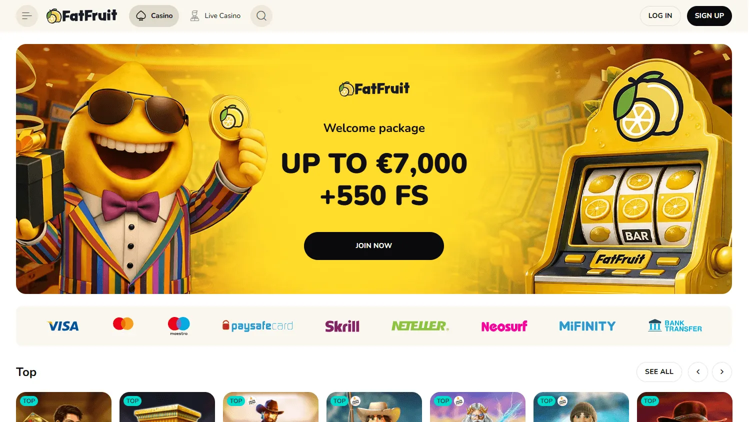 Fatfruit Casino homepage on desktop