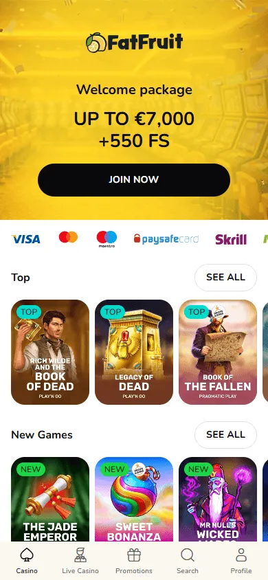 Fatfruit Casino homepage on mobile